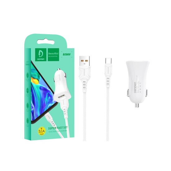 ADAPTADOR DE CARREGADOR DE CARRO DENMEN DZ06V DUAL USB 3.1A BRANCO